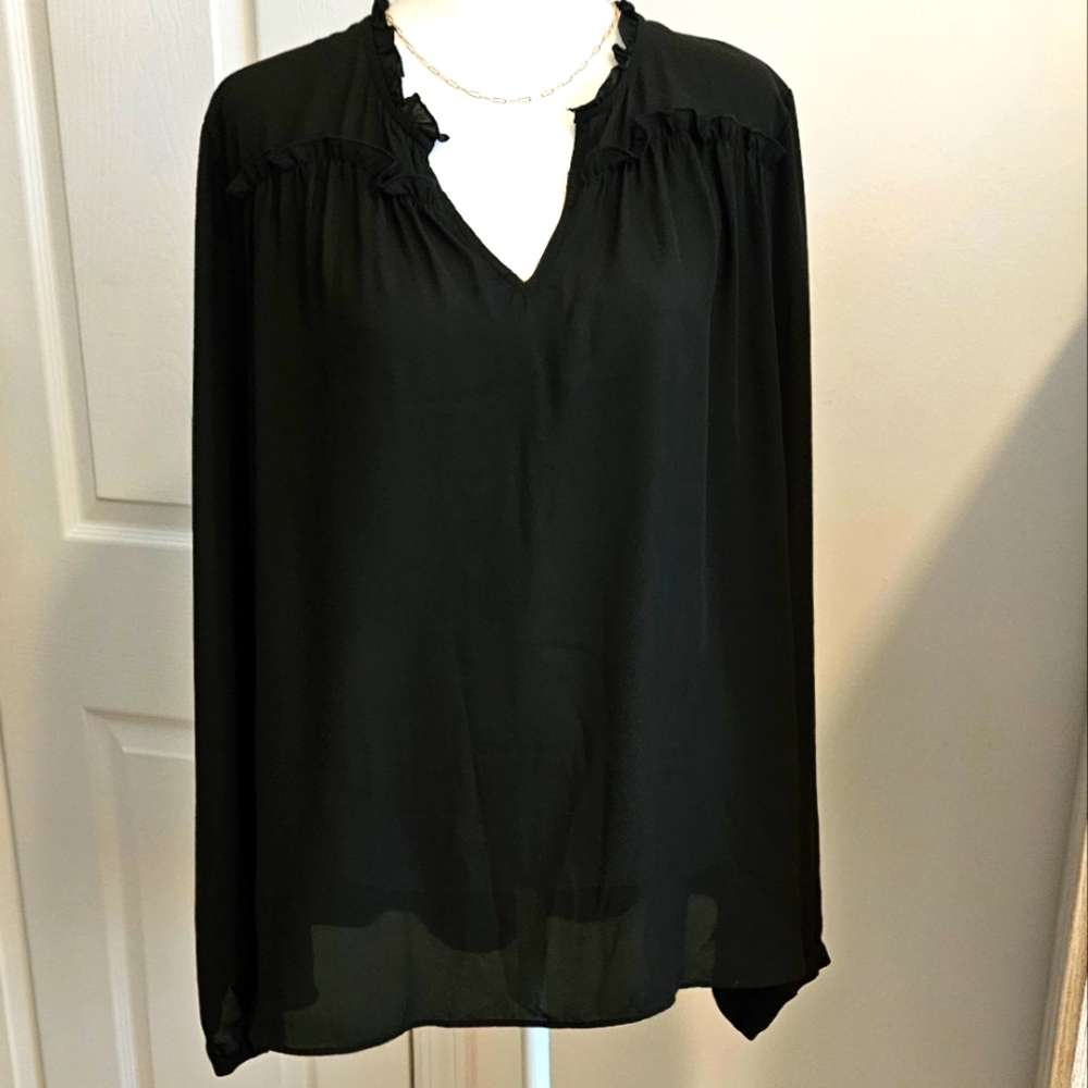 VIOLET & CLAIRE | Black Ruffle Romantic Boho Long Sleeve Blouse Semi-Sheer Sz XL